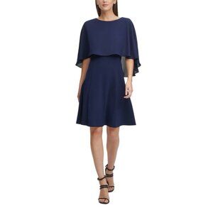 DKNY A Line Dress 10 Navy Blue Flutter Cape Short Sleeve Flowy Romantic NEW